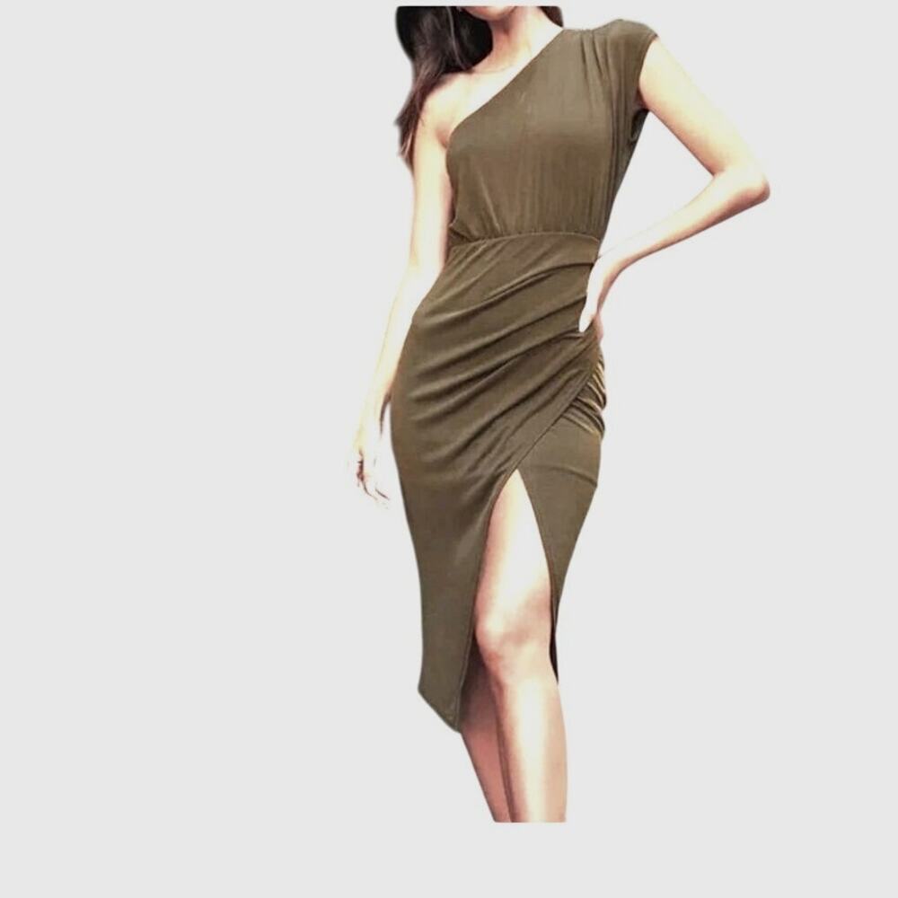 Lulus Raise a Glass Olive One-Shoulder Midi Dress‎ M- New with imperfections